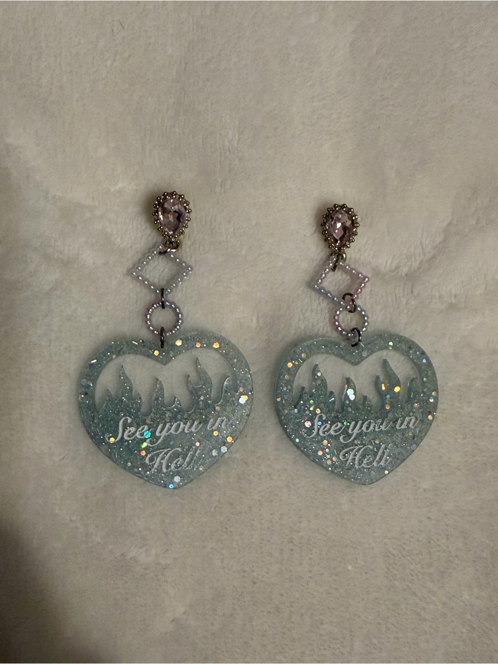 Glitter Heart Drop Earrings Pale Aqua "See You in Hell" Flames